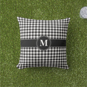 Monogram Black & White Gingham Plaid Check Pattern Cushion
