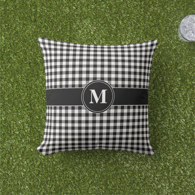 Monogram Black & White Gingham Plaid Check Pattern Cushion (Grass)