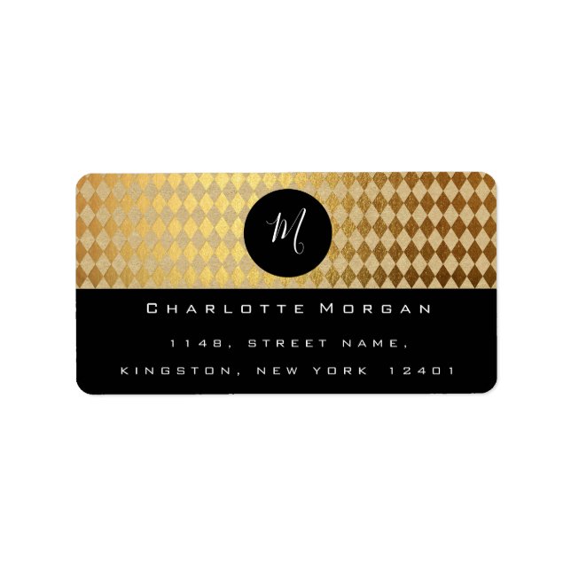 Monogram Black White Gold Diamond RSVP Label (Front)