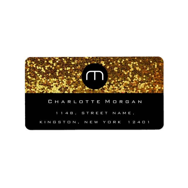 Monogram Black White Gold Glitter Logo RSVP Label (Front)