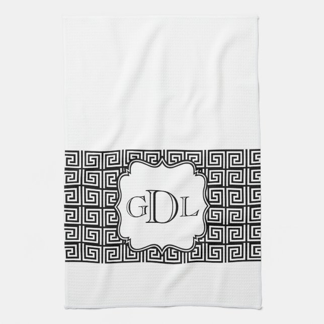 Monogram Black & White Greek Key Kitchen Towel (Vertical)
