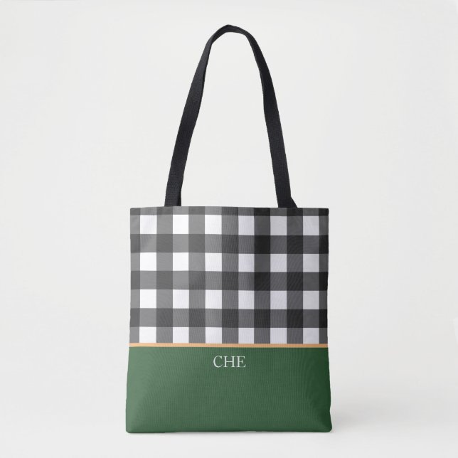 Monogram Black White Green Checked Tote Bag (Front)