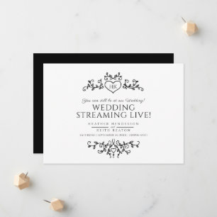 Monogram black white leaves wedding live stream announcement