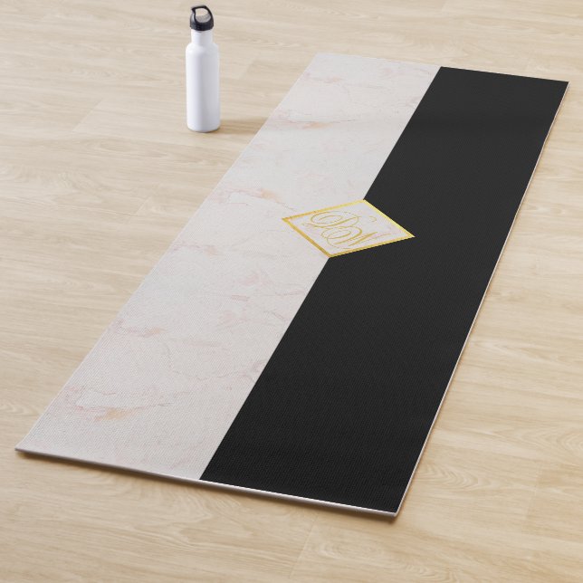 Monogram Black White Marble Elegant Gold Script Yoga Mat (In Situ)