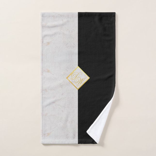 Monogram Black White Marble Gold Elegant Script Hand Towel (Hand Towel)