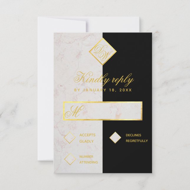 Monogram Black White Marble Gold Elegant Wedding RSVP Card (Front)
