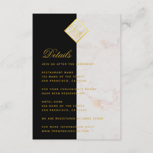 Monogram Black White Marble Gold Wedding Details Enclosure Card