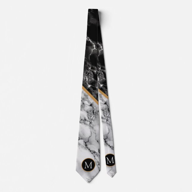 Monogram Black White Marble Modern Neck Tie (Front)