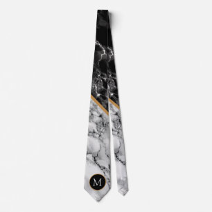Monogram Black White Marble Stone Elegant Neck Tie