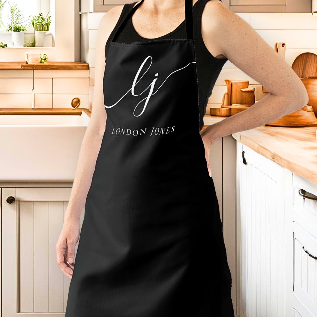 Monogram Black White Modern Minimal Calligraphy Apron (Creator Uploaded)