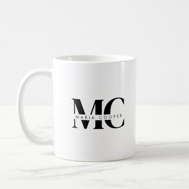Monogram Black White Modern Minimalist Elegant  Coffee Mug (Left)