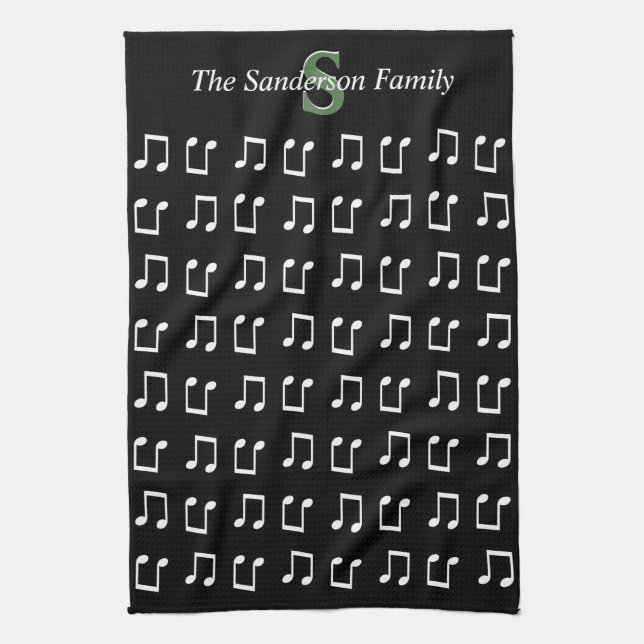 Monogram Black White Musical Note Music Tea Towel (Vertical)