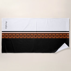 Monogram Black White Orange Striped Pattern Beach Towel