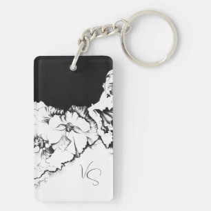 Monogram Black & White Original Stipple Art Floral Key Ring