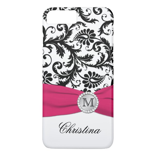 Monogram Black, White, Pink Damask iPhone 7 Case (Back)