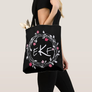 Monogram Black & White Pink Floral Wreath Tote Bag