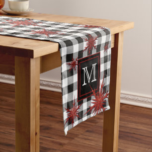 Monogram Black White Plaid Red Glitter Snowflakes Medium Table Runner