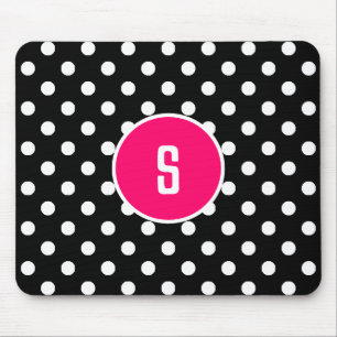 Monogram Black White Polka Dot Pattern Hot Pink Mouse Pad