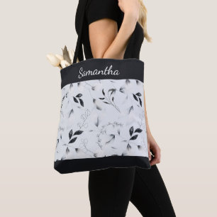 Monogram Black White Silver Grey Floral Leaves Tote Bag