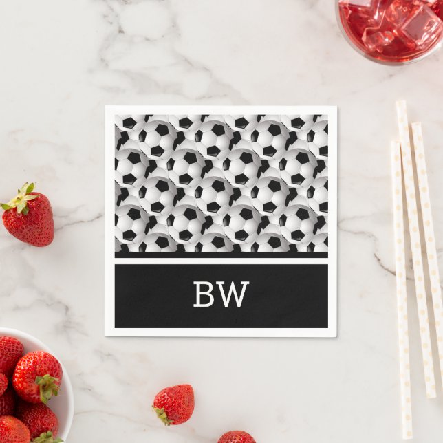 Monogram Black White Soccer Ball Pattern Napkin (Insitu)