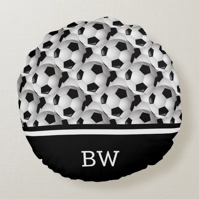 Monogram Black White Soccer Ball Pattern Round Cushion (Back)