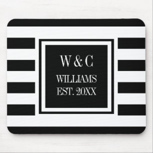 Monogram Black White Stripe Personalised Mouse Pad