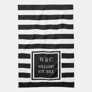 Monogram Black White Stripe Personalised Tea Towel