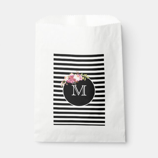 Monogram Black & White Stripe with Flowers Favour Bag (Front)
