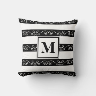 Monogram Black White striped design Cushion