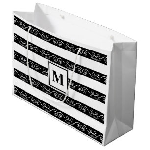 Monogram Black White striped design Large Gift Bag