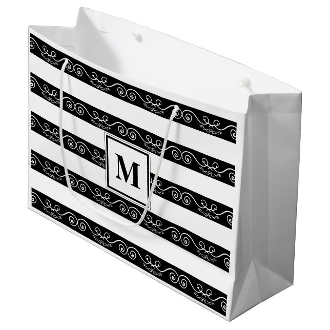 Monogram Black White striped design Large Gift Bag (Front Angled)