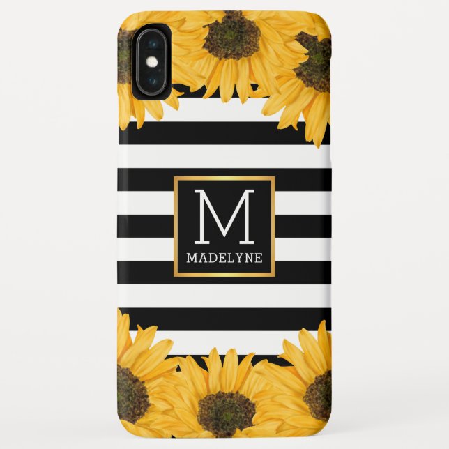 Monogram Black White Striped Sunflower Gold Case-Mate iPhone Case (Back)