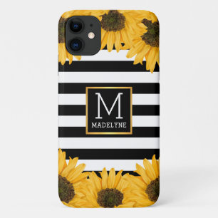 Monogram Black White Striped Sunflower Gold iPhone 11 Case