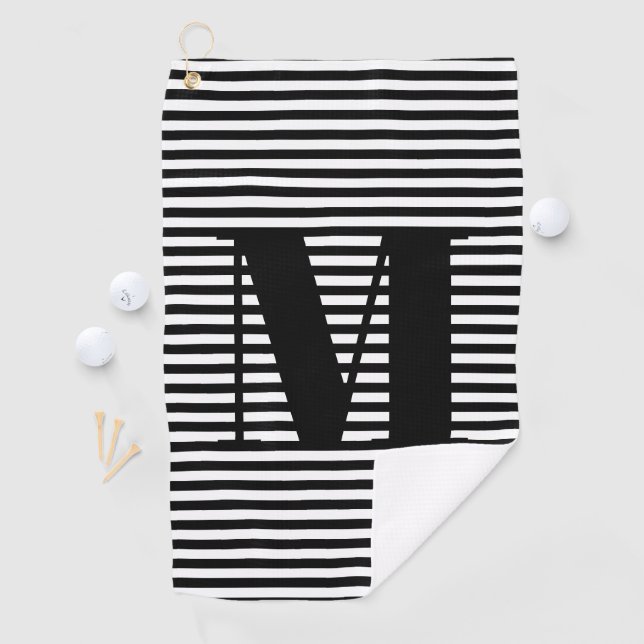 Monogram black white stripes custom initial golf towel (InSitu)