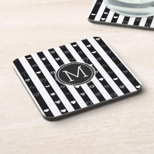 Monogram Black White Stripes Modern Heart Pattern Coaster