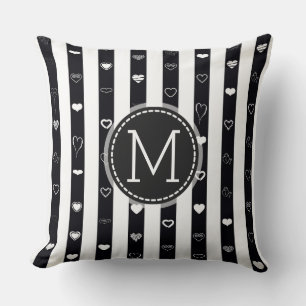 Monogram Black White Stripes Modern Heart Pattern Cushion