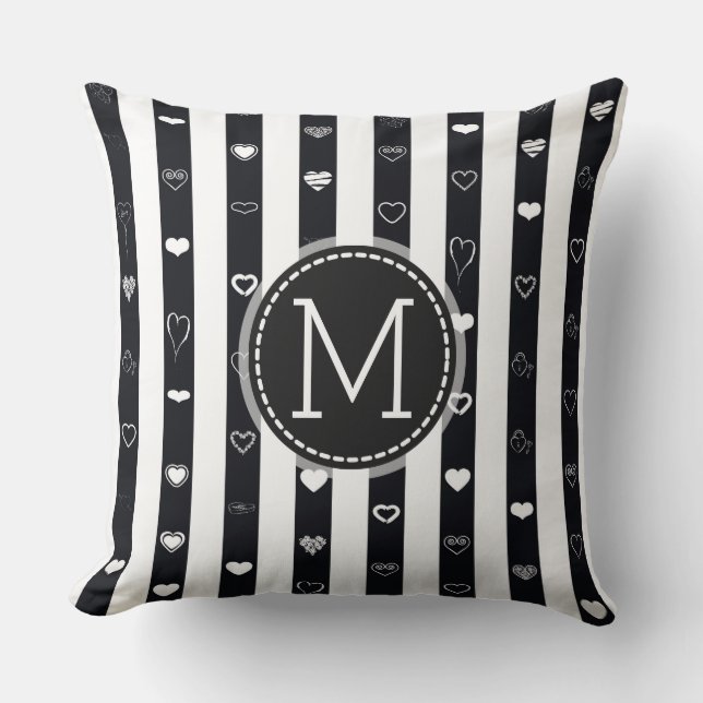 Monogram Black White Stripes Modern Heart Pattern Cushion (Front)