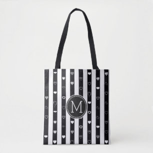 Monogram Black White Stripes Modern Heart Pattern Tote Bag