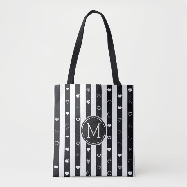 Monogram Black White Stripes Modern Heart Pattern Tote Bag (Front)