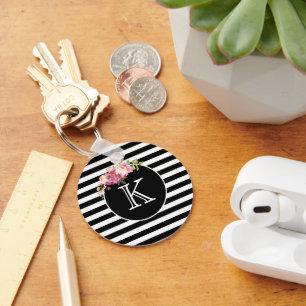 Monogram Black & White Stripes with Photo Key Ring