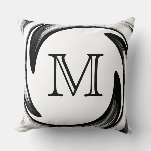 Monogram Black White Swirl Abstract Cushion (Front)