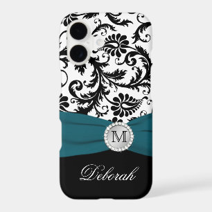 Monogram Black, White, Teal Damask iPhone 7 Case