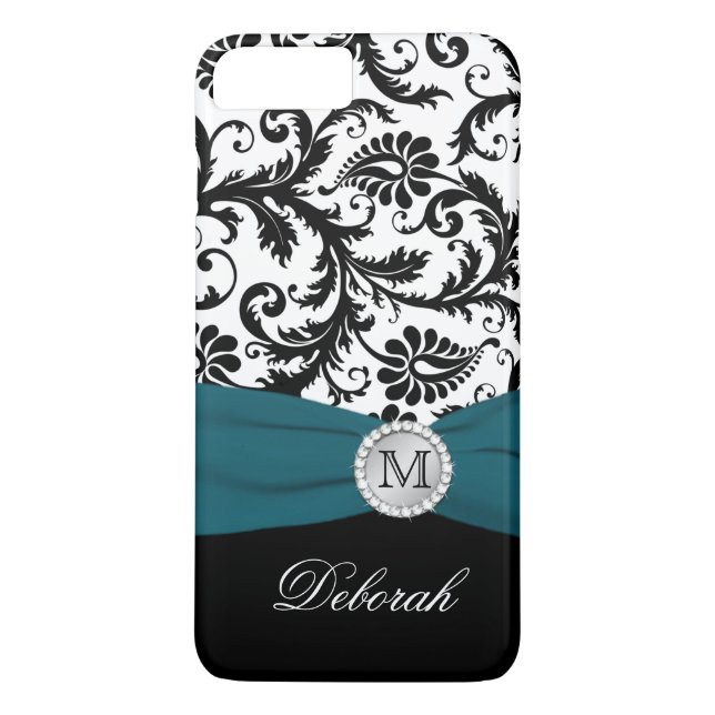 Monogram Black, White, Teal Damask iPhone 7 Case (Back)