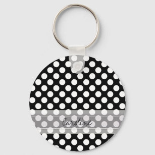 Monogram Black White Trendy Fun Polka Dot Pattern Key Ring