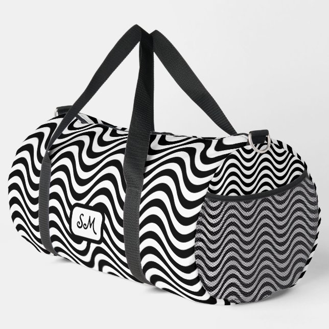 Monogram Black White Wavy Stripes Psychedelic Duffle Bag (Right Corner)