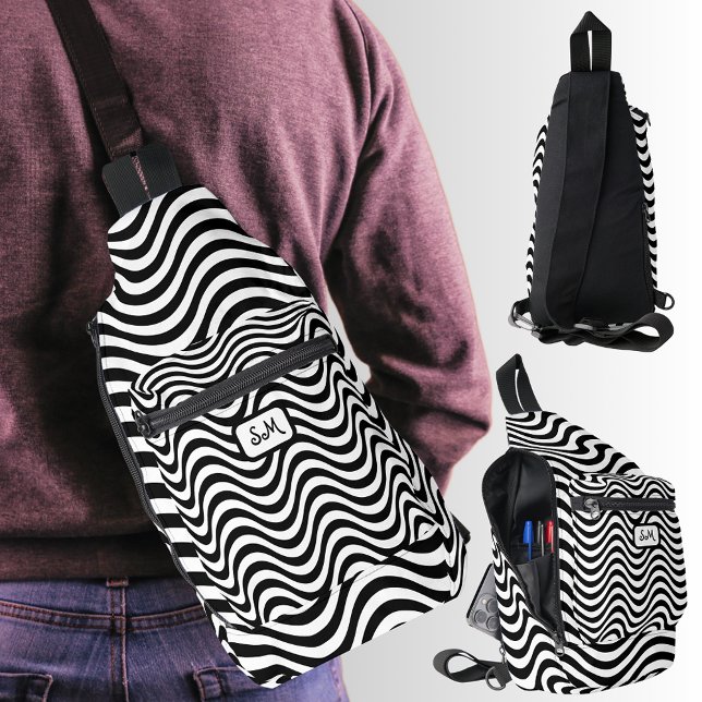 Monogram Black White Wavy Stripes Psychedelic Sling Bag (Monogram Black White Wavy Stripes Psychedelic Sling Bag)