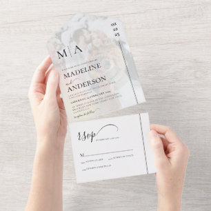 Monogram Black White With Overlay Photo Wedding All In One Invitation
