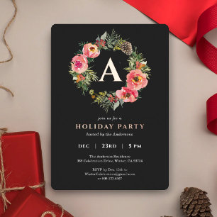 Monogram Black Wreath Botanical Christmas Party Foil Holiday Card