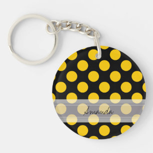 Monogram Black Yellow Chic Polka Dot Pattern Key Ring
