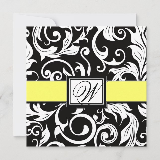 Monogram Black & Yellow Damask Wedding Invitations (Front)